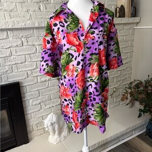 King Kameha Women's Hawaiian Blouse - Purple Leopard Floral Size XL